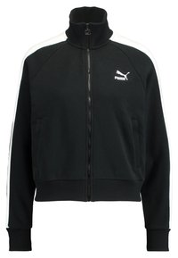 Svart zip-up huvtröja med hög krage, vita sidstreck, ribbade ärmslut och PUMA-logotyp på vänster bröst. Slät textur.