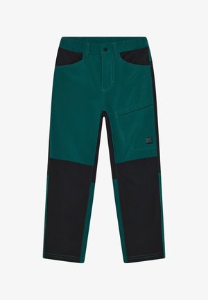 Pantaloni da lavoro verdi e neri con multiple tasche, passanti per cintura e pannelli rinforzati sulle ginocchia, progettati per durabilità e funzionalità.