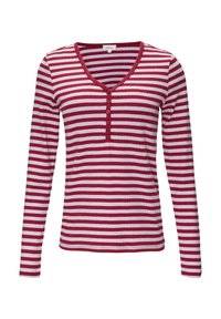 Rood en wit gestreepte lange-mouwen top, met een ribbelstructuur, V-hals en knopenrij aan de voorkant.