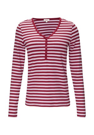 Rood en wit gestreepte lange-mouwen top, met een ribbelstructuur, V-hals en knopenrij aan de voorkant.