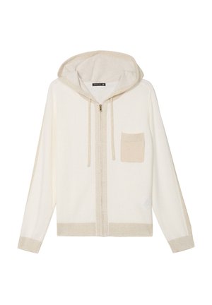 Helle beige Zip-Up-Hoodie aus weichem Stoff, mit strukturiertem Finish, langen Ärmeln und einer kleinen Fronttasche. Akzentuiert mit einer passenden Kapuze.