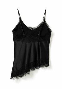 Camisole en satin noir avec bordure en dentelle le long du décolleté et ourlet asymétrique. Dotée de fines bretelles réglables et d'une texture lisse.