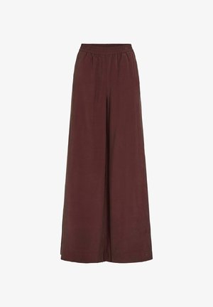 Pantaloni a gamba larga di un ricco colore bordeaux, con vita elastica e un tessuto liscio e leggero senza motivi visibili.