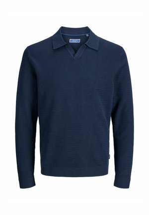 Pull marin avec un motif en maille texturée, col en V et manches longues. Comprend des poignets et un ourlet côtelés. Style simple et classique.