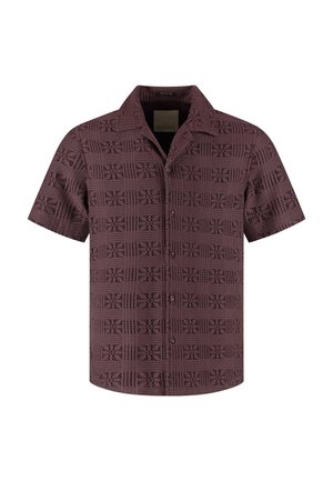 Camicia a maniche corte con bottoni in mauve scuro, con motivo a griglia geometrica e motivo a croce strutturato, collo appuntito e vestibilità comoda.
