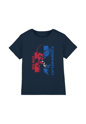 Navy T-shirt featuring a graphic design with Red Hulk in red and Captain America in blue, both outlined in bold colors and text.