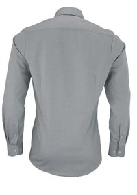 Graues Langarmshirt mit Kragen. Verfügt über Knopfmanschetten und einen glatten, strukturierten Stoff. Die Rückansicht zeigt eine taillierte Passform.
