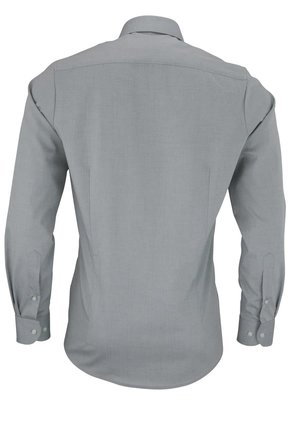 Gray long-sleeve shirt with a collared neckline. Features button cuffs and a smooth, textured fabric. Rear view shows a tailored fit.