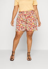 Floral shorts in light fabric with a drawstring waistband, featuring a colorful pattern of pink, orange, and yellow flowers.
