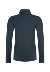 Chemise bleu foncé à manches longues avec col haut, vue de dos, design simple avec des coutures légères sur les côtés et les épaules.