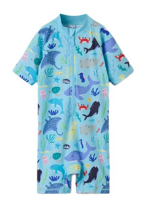 Lichtblauw badpak met korte mouwen en ritssluiting, voorzien van kleurrijke zeedieren zoals walvissen, dolfijnen, krabben, schildpadden en kwallen.