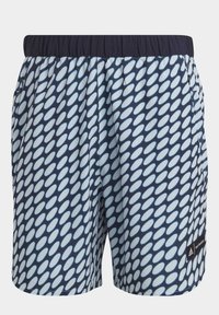 Short de bain homme bleu marine avec motif ovale bleu clair et taille élastique noire, avec logos Adidas et Marimekko à l'ourlet.