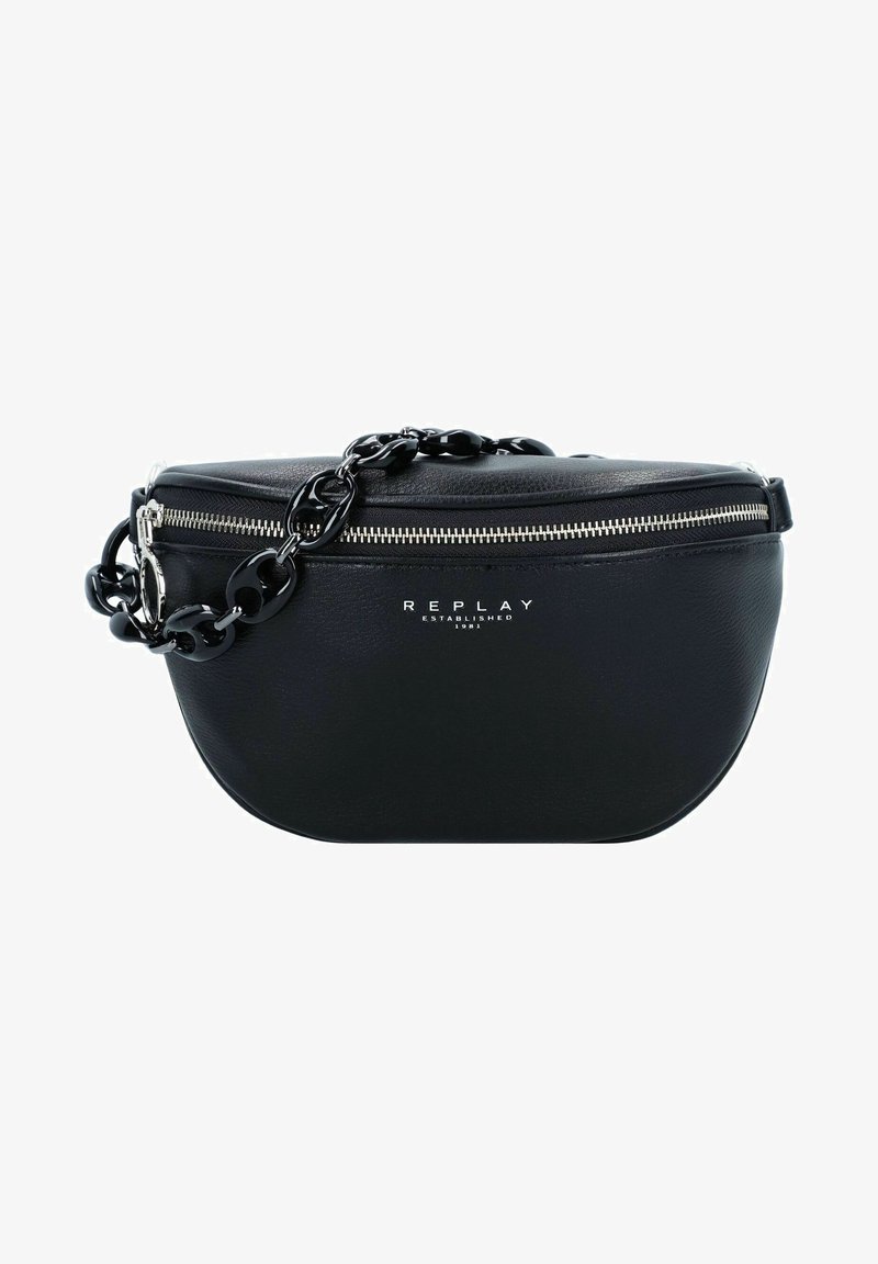 Sac en cuir noir à porter en bandoulière avec une forme arrondie, une fermeture éclair en argent et une chaîne épaisse noire. Le nom de la marque "REPLAY" est embossé à l'avant.