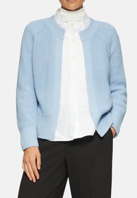 Helles blaues gestricktes Cardigan mit gerippten Bündchen, offenem Vorderteil und strukturiertem Stoff. Über einem weißen Hemd mit Knopf getragen, mit Taschen.