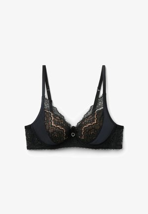Schwarzer Spitzen-BH mit durchsichtigen Spitzen-Cups, blickdichtem Unterfutter, verstellbaren Trägern und einer dekorativen Schmucksteinverzierung in der Mitte vorne.