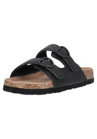 Sandales noires à glissière avec deux brides ajustables ornées de boucles en forme de cœur, un dessus texturé et une semelle en liège.