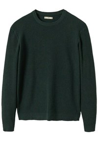 Ciemnozielony sweter dziany z okrągłym dekoltem, długimi rękawami, prążkowanymi mankietami i dołem, charakteryzujący się teksturowaną powierzchnią i luźnym krojem.