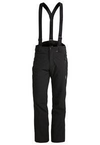 Mustat vedenpitävät lumihousut säädettävillä olkaimilla, kaksi vetoketjullista taskua ja suorat lahkeet talviurheilua varten.