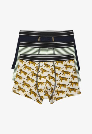 Trois paires de boxers pour hommes empilées, présentant un motif tigre, des rayures vertes et blanches, et un bleu marine uni, toutes avec une ceinture élastique noire.