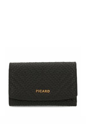 Portefeuille en cuir tissé noir avec rabat pliant, embossé du logo doré "PICARD" centré à l’avant.