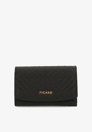 Portafoglio in pelle intrecciata nera con patta pieghevole, inciso con logo dorato "PICARD" al centro sul davanti.