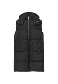 Svart ärmlös puffer väst med dragkedja fram, två sidofickor, justerbara dragsnören och huva. Texturerad, vadderad design.