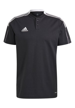 Czarna sportowa koszulka Adidas z krótkim rękawem z białymi trzema paskami na ramionach, dwoma guzikami przy kołnierzu i logo Adidas na piersi.