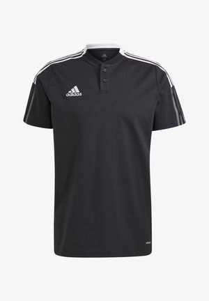 Maglietta sportiva nera a maniche corte Adidas con tre strisce bianche sulle spalle, due bottoni vicino al colletto e logo Adidas sul petto.