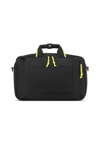 Borsa da viaggio nera in tessuto con dettagli gialli, dotata di manici doppi e una tasca frontale con zip. Texture liscia e forma rettangolare.
