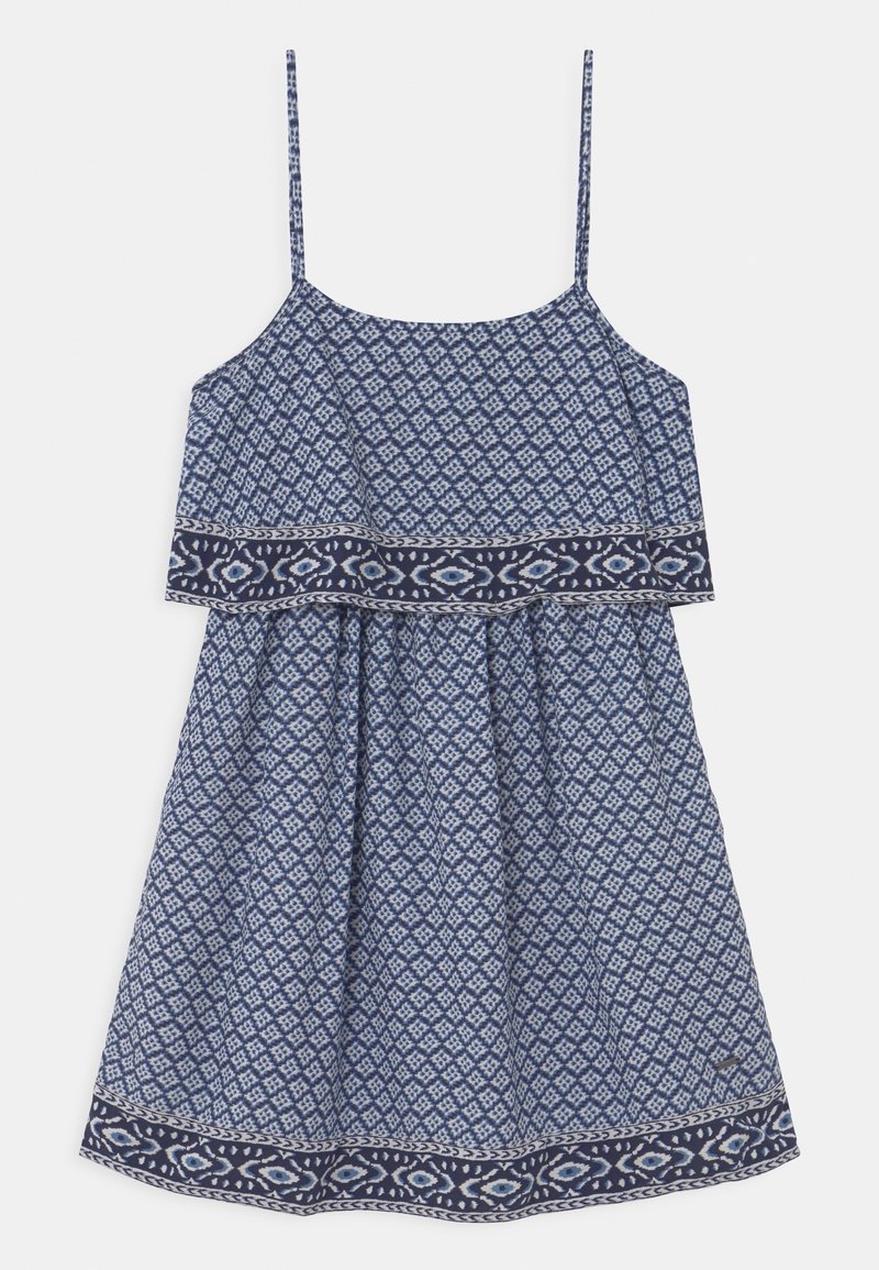 Blue patterned dress with spaghetti straps, featuring a geometric design and navy border. Made of lightweight fabric, gathered at the waist.