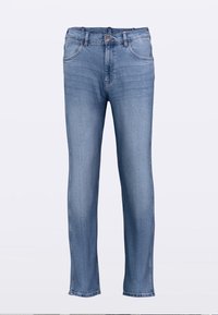 Light blue denim jeans with a straight leg design, five-pocket style, and a button closure at the waist. Smooth texture, classic stitching details.