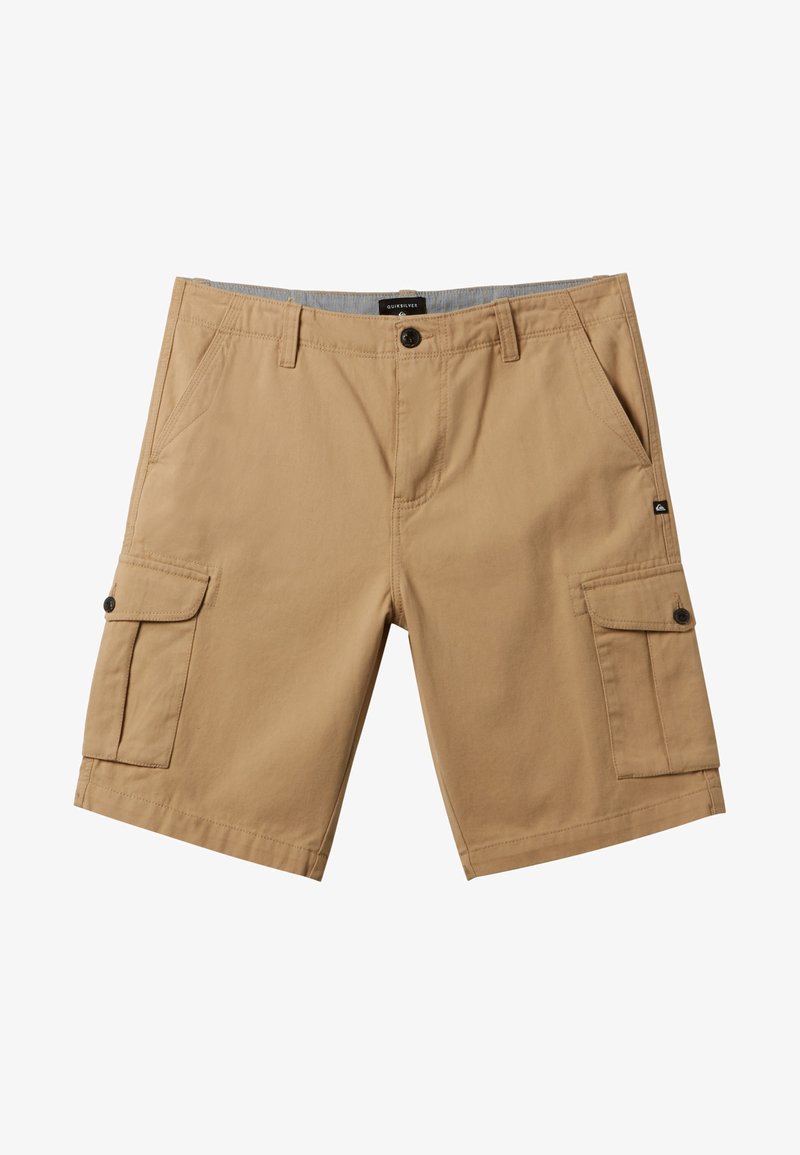 Beige cargo shortsit, joissa on tasainen etuosa, kaksi sivutaskua ja kaksi reisitaskua. Valmistettu kevyestä kankaasta, jossa on sileä rakenne.