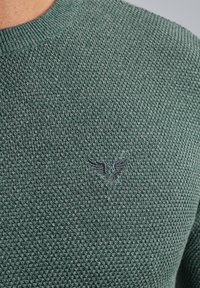 Pull en maille verte avec un motif texturé, doté d'une encolure ronde. Il présente un petit emblème brodé d'ailes sur la poitrine.