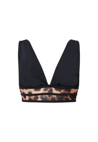 Top bikini nero con scollatura a V profonda, maniche arricciate e fascia con stampa animale. Il materiale appare liscio; il design è aderente con contrasto di colori notevole.