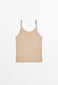 Top a maniche sottili a coste beige, con un design aderente e superficie liscia. Nessun motivo aggiuntivo o dettagli in metallo.