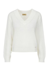 Biały dziergany sweter z dekoltem w serek, długimi rękawami oraz prążkowanymi mankietami i dołem, przedstawiony na jednolitym białym tle.