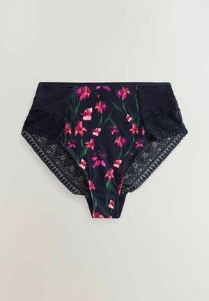 Augstas jostas bikinitu apakšdaļa tumši zila ar rozā ziedu rakstu, ar mežģīņu akcentiem sānos un teksturētām auduma paneļiem.