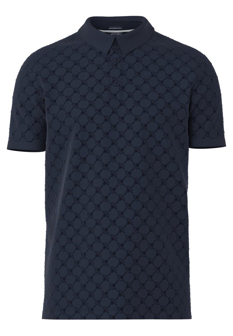 Polo bleu marine avec un motif géométrique texturé, manches courtes, col et patte de boutonnage à trois boutons.