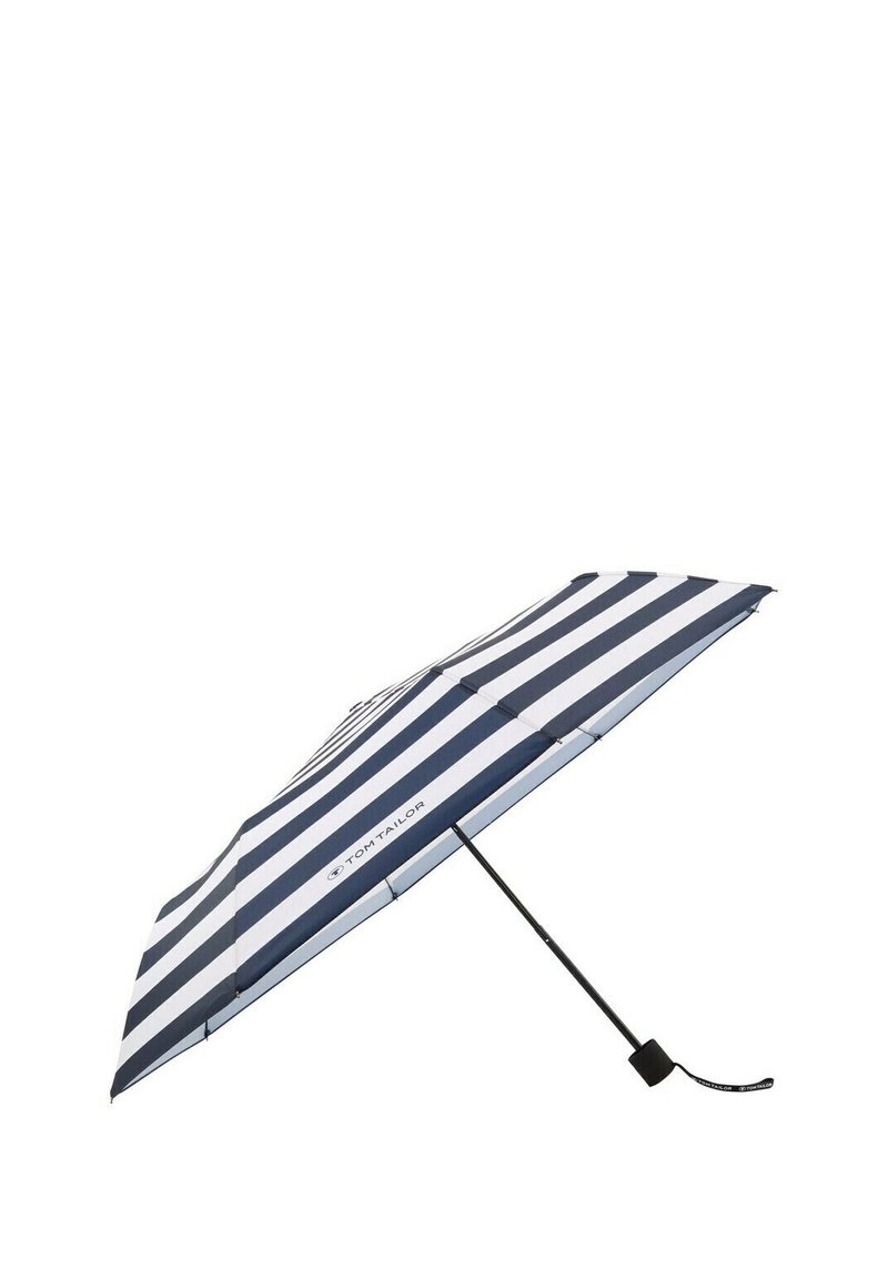 Blue and white striped umbrella with a black handle, featuring a collapsible design and a branding detail on one panel.