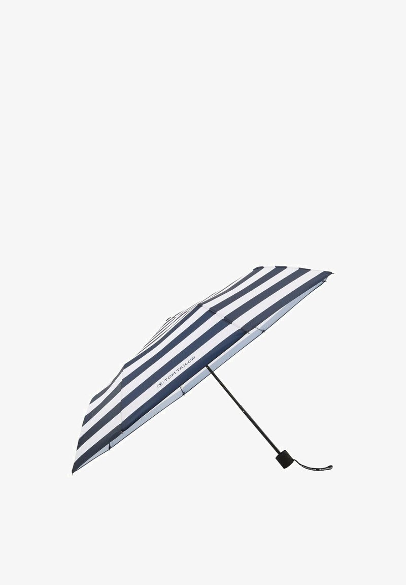 Blue and white striped umbrella with a black handle, featuring a collapsible design and a branding detail on one panel.