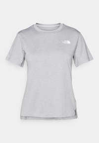Grijze T-shirt met korte mouwen, gemaakt van zachte, vochtabsorberende stof. Heeft een ronde hals en een klein wit logo op de bovenste linkerzijde.