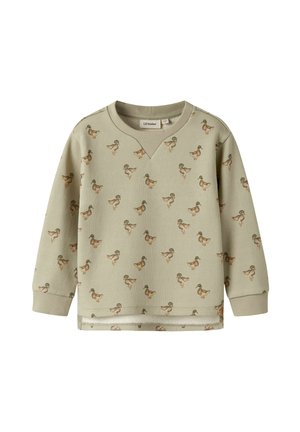 Sweat-shirt beige pour enfant à manches longues, poignets côtelés, avec un motif intégral de petits canards marron et verts.