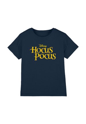 Navy blue cotton t-shirt featuring "Disney Hocus Pocus" in large yellow text. Crew neck design with short sleeves.