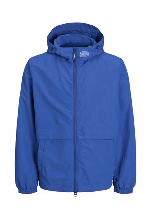 Blå lett jakke med glidelås, justerbar hette, elastiske ermer, og to frontlommer. Glatt tekstur og minimalistisk design.