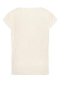 Kurzärmliges, cremefarbenes T-Shirt aus weichem Stoff mit einem lässigen Schnitt und einem schlichten Rundhalsausschnitt, ohne sichtbare Logos oder Muster.