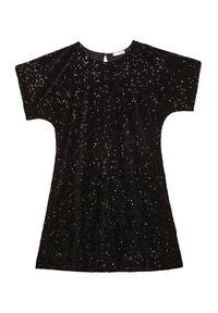 Černé šaty z textura materiálu, zdobené flitry. Mají kulatý výstřih a krátké, široké rukávy. Viditelné zapínání na zádech.
