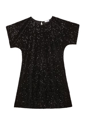 Vestido negro hecho de una tela texturizada, adornado con lentejuelas. Presenta un escote redondo y mangas cortas y amplias. Cierre trasero visible.