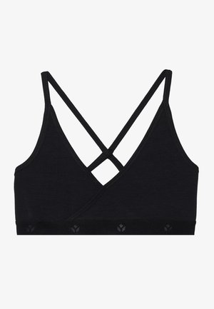 Bralette noir avec un design en V, des bretelles croisées, une texture côtelée et une bande à motif floral le long du bord inférieur. Matériau doux et extensible.