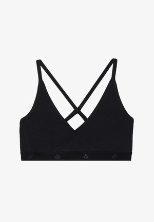 Mustat bralettet, joissa on V-pääntie, ristikkäissangat, ribbitekstuuri ja kukkakuosiset nauhat alaosassa. Pehmeä ja joustava materiaali.