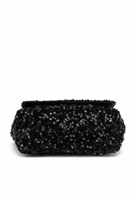 Pochette nera con paillettes, forma arrotondata, superficie strutturata e rifinitura in tessuto nero liscio. Dotata di chiusura con zip nella parte superiore.